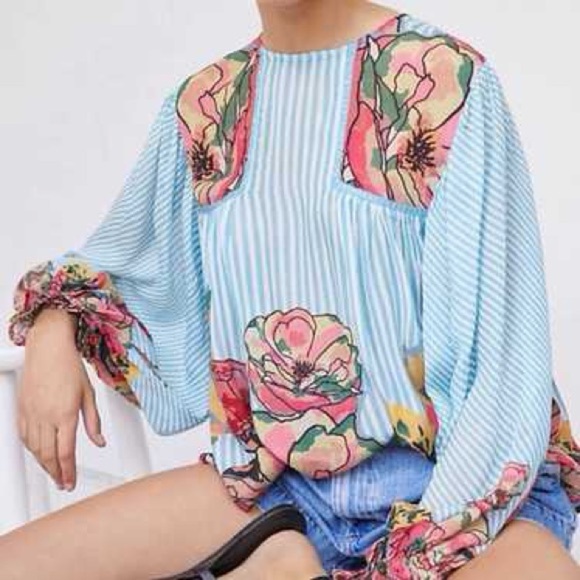Anthropologie Tops - Anthropologie Blank London Miranda Peasant Blouse Blue Roses Floral Size Large L